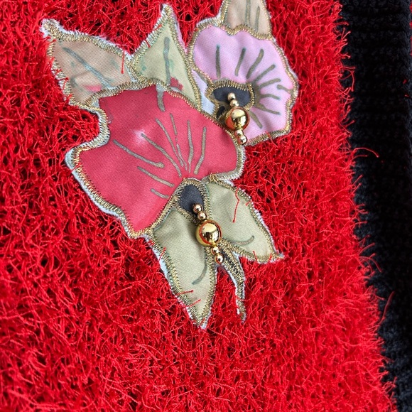 Vintage 80s 90s Red and Black Christmas Floral Patch Teddy Pullover Sweater XXL - Picture 15 of 16